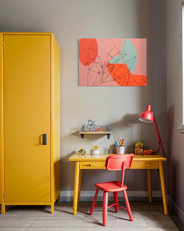 printable wall art, red, pink and a muted blue colours with a line drawing over the top create a unique printable artwork, hanging in a Child's room.