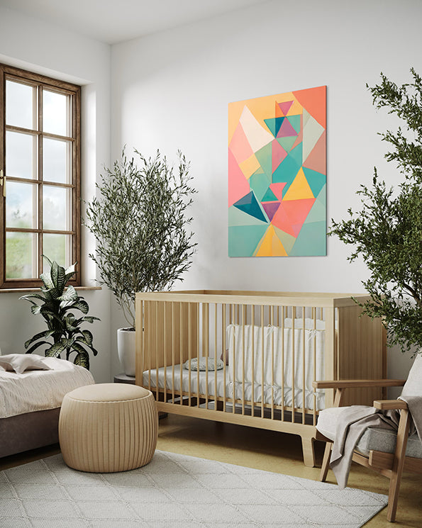 unfolding abstract art print hanging in baby's room