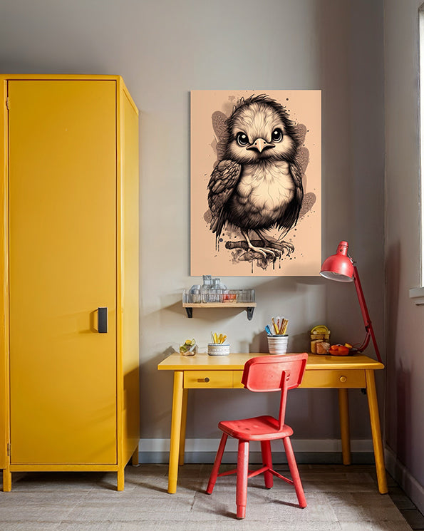 Kids wall art print baby bird illustration hanging in kids bedroom