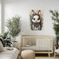 kids wall art baby bunny illustration surrounded by colourful earthy flowers.  wall art print hanging in a kids room above a wooden crib