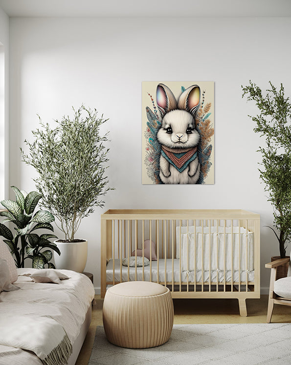 kids wall art baby bunny illustration surrounded by colourful earthy flowers.  wall art print hanging in a kids room above a wooden crib