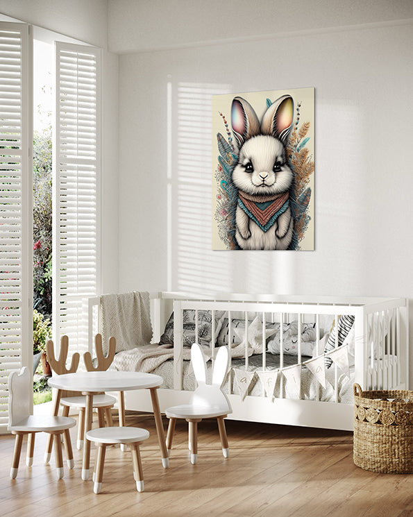 kids wall art baby bunny illustration surrounded by colourful earthy flowers.  Wall Art print hanging in kids room above a white bed