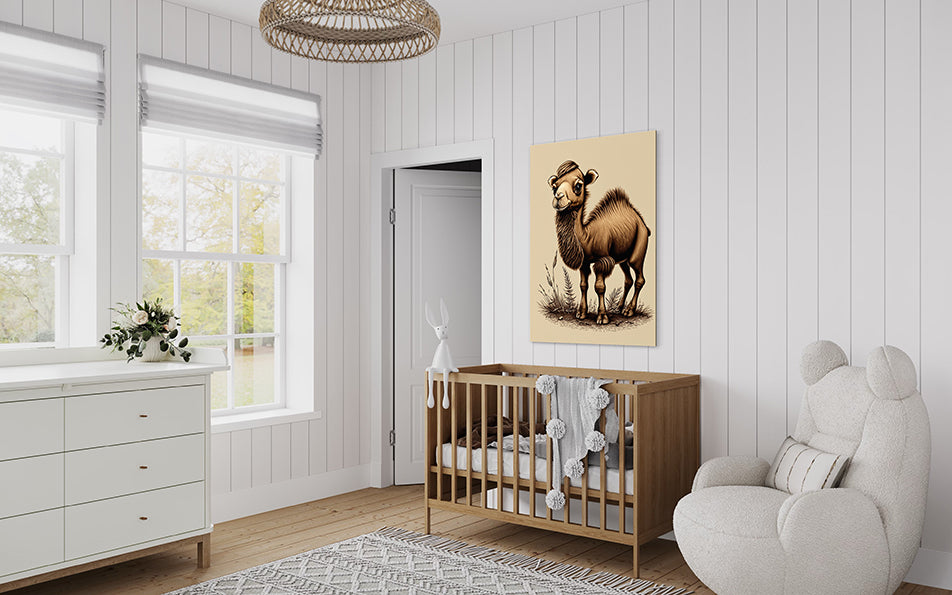 kids wall art, camel illustration hanging above baby coat in baby's room