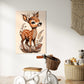 kids wall art print baby deer with boho type flowers around the feet. Wall art print hanging in a kid's playroom above a white tricycle