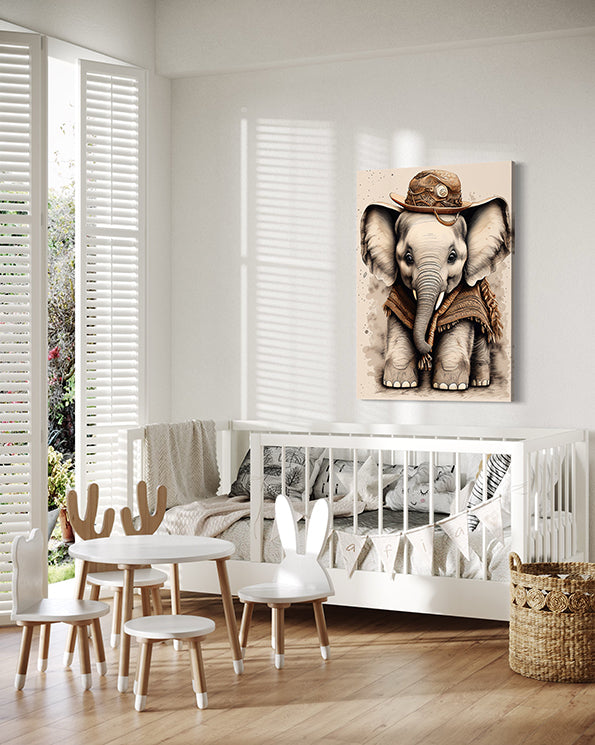 Kids Wall Art Baby Elephant Wall Art Print hanging in kids room