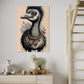 kids wall art emu illustration with some flowers behind emu, wall art hanging in kids bedroom above a dresser with some toys on it. 
