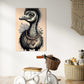 kids wall art emu illustration with some flowers behind emu, wall art hanging in kids play room above a tricycle