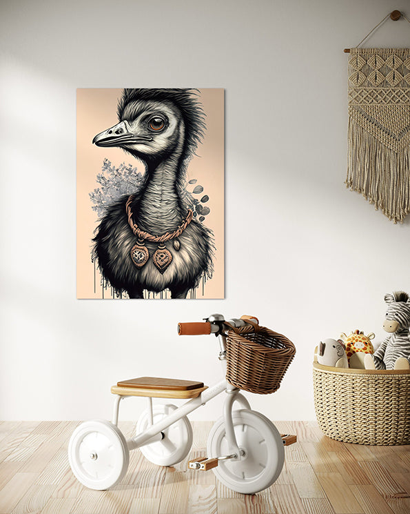 kids wall art emu illustration with some flowers behind emu, wall art hanging in kids play room above a tricycle