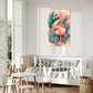 kids wall art print, pink flamingo with pastel coloured leaves behind.  Wall art hanging in kids room above white bed