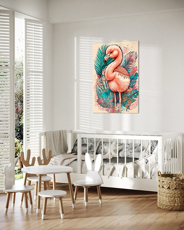 kids wall art print, pink flamingo with pastel coloured leaves behind.  Wall art hanging in kids room above white bed