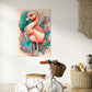 kids wall art print, pink flamingo with pastel coloured leaves behind.  kids wall art print hanging in kids toy room above a white tricycle