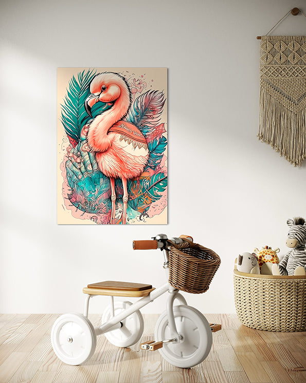 kids wall art print, pink flamingo with pastel coloured leaves behind.  kids wall art print hanging in kids toy room above a white tricycle