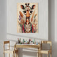 kids wall art baby giraffe illustration with lots of leaves behind, giraffe is dressed in bohemian type clothes.  wall art hanging in kids  play room above a drawing table.