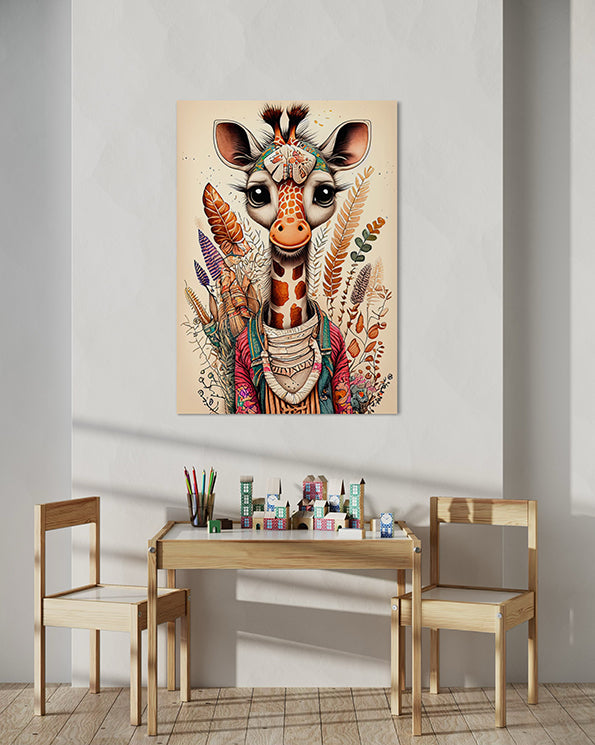 kids wall art baby giraffe illustration with lots of leaves behind, giraffe is dressed in bohemian type clothes.  wall art hanging in kids  play room above a drawing table.