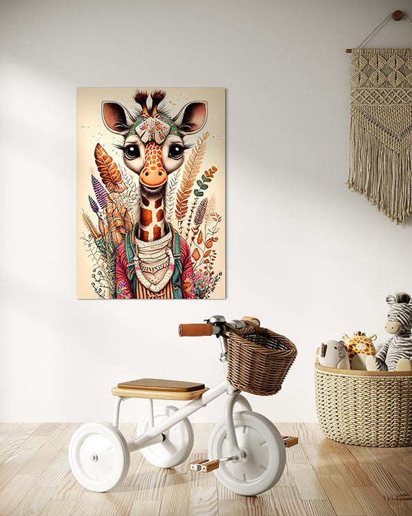 kids wall art baby giraffe illustration with lots of leaves behind, giraffe is dressed in bohemian type clothes. Wall art hanging in kids room