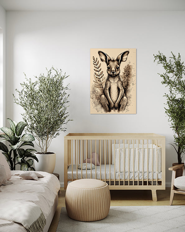 kids wall art baby kangaroo surrounded by boho leaves. Australian Wall Art print hanging in baby's room