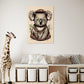 kids wall art print, Australian Koala illustration with green gum leaves behind the koala. Wall art print hanging in kids playroom