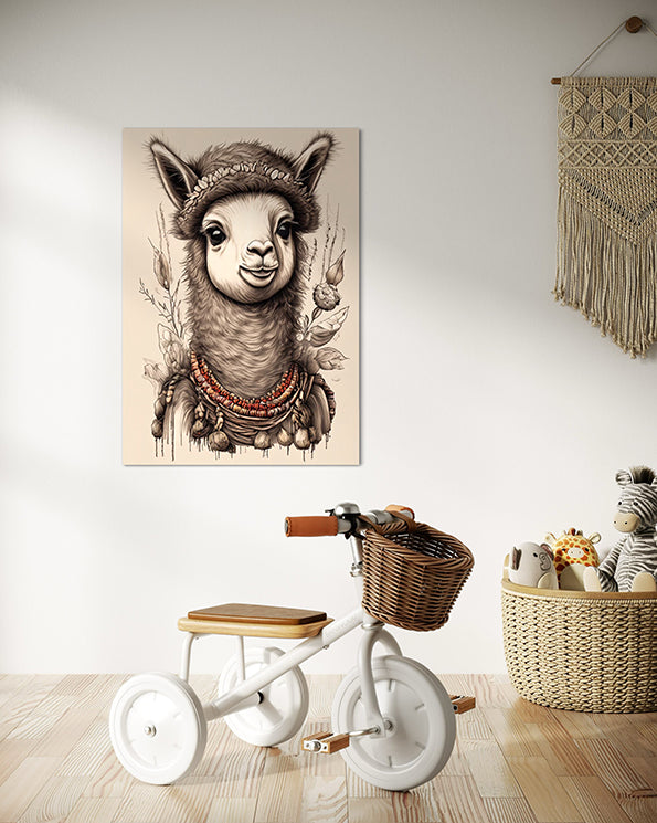 Kids wall art Lllama illustration with leaves in the background, kids wall art print hanging in kids play room above a tricycle