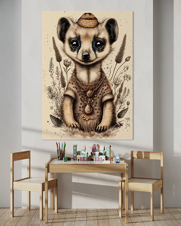 kids wall art print baby meerkat illustration with nature leaves surrounding it. Kid's Wall Art Print hanging in kids playroom.