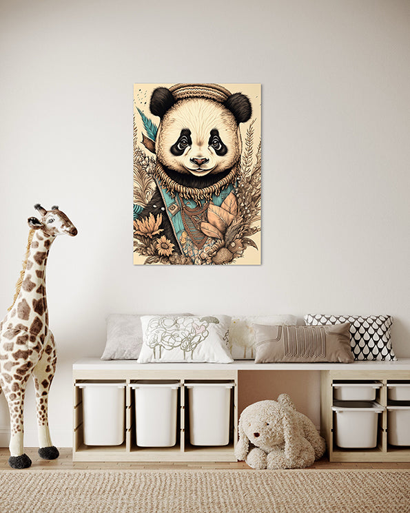 Kids Wall Art Baby Panda sketch with boho flowers around it hanging in kids room