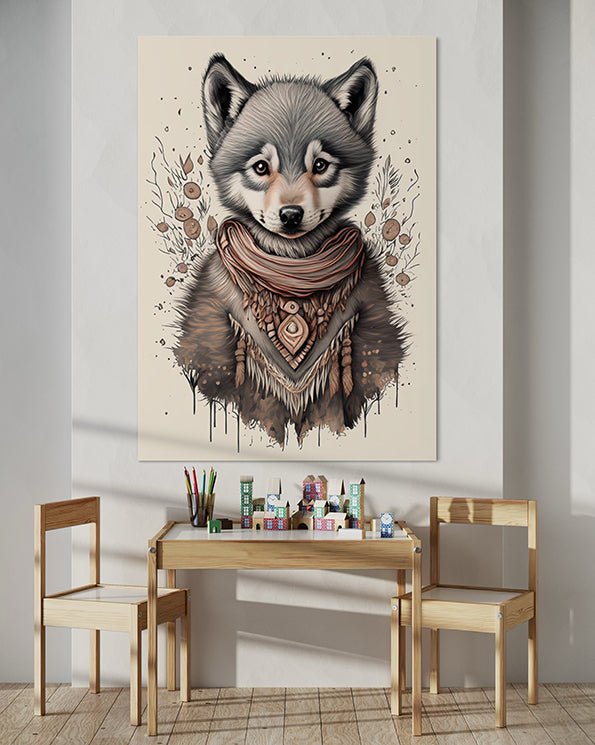 kids wall art print of a wolf wearing nature based necklace. Wall art print hanging in kids playroom