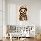 kids wall art print of a wombat wearing a hat with flowers surrounding it.  boho type feel to it.  Wombat print hanging in a nursery above a white baby's bed.