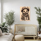 kids wall art print of a wombat wearing a hat with flowers surrounding it.  boho type feel to it.  wall art print hanging in a nursery above a crib.