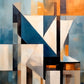 Abstract wall art print with geometric shapes in blue, orange, and grey.