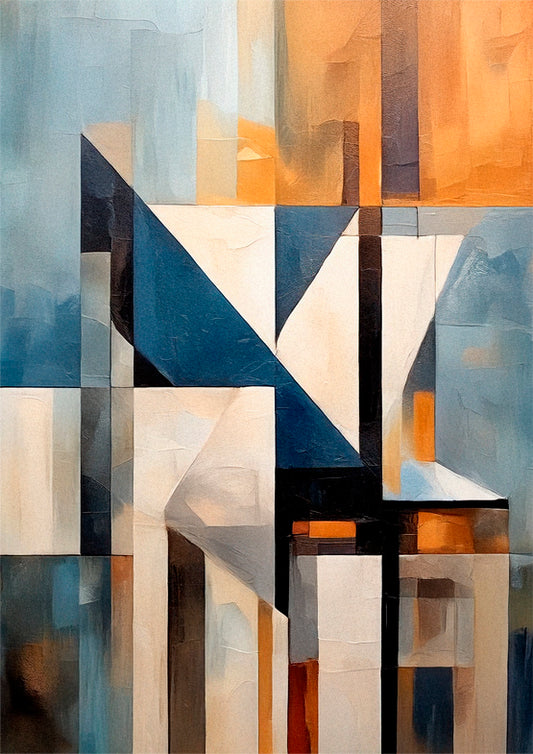 Abstract wall art print with geometric shapes in blue, orange, and grey.