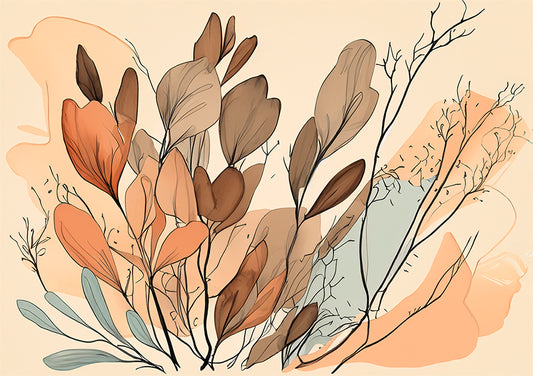 botanical wall art print, orange and brown leaves with apricot coloured background
