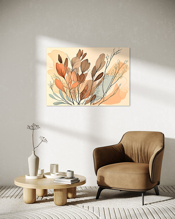 botanical wall art print, orange and brown leaves with apricot coloured background, botanical wall art print hanging in living room above armchair and coffee table