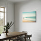 Beach Walk unique wall art print.  Two figures in red are off in the distance with a blurred ocean scene creating a peaceful print. wall art print in dining room.