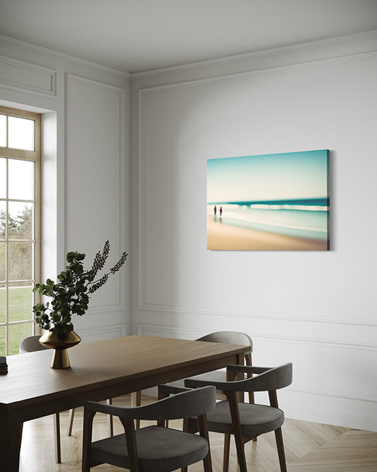 Beach Walk unique wall art print.  Two figures in red are off in the distance with a blurred ocean scene creating a peaceful print. wall art print in dining room.