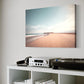 coastal connection unique wall art print featuring shoreline and rocky headland in the distance. wall art canvas hanging in living room.