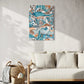 coastal dream unique wall art print, featuring an abstract sketch of coastal elements.  wall art print in living room hanging above a lounge.