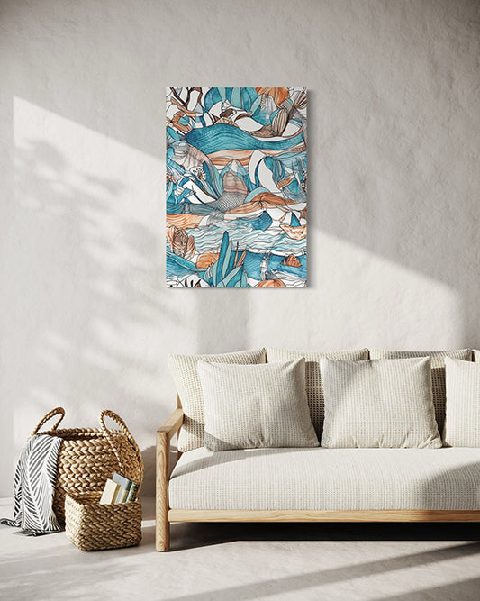coastal dream unique wall art print, featuring an abstract sketch of coastal elements.  wall art print in living room hanging above a lounge.