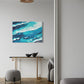 coastal gust unique wall art print, ocean waves lapping at the Australian shoreline. wall art print hanging in hallway.