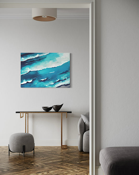 coastal gust unique wall art print, ocean waves lapping at the Australian shoreline. wall art print hanging in hallway.