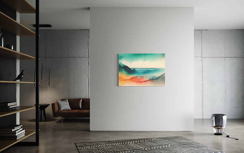Coastal Watercolours Unique Wall Art print, ocean with sand, line drawing and watercolours.  wall art print in modern executive living room.