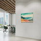 Coastal Watercolours Unique Wall Art print, ocean with sand, line drawing and watercolours.  wall art print hanging in commercial office suite.