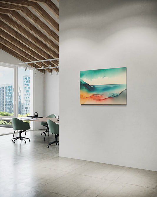 Coastal Watercolours Unique Wall Art print, ocean with sand, line drawing and watercolours.  wall art print hanging in commercial office suite.