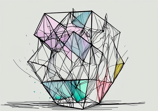 abstract artwork, geometric shape with line drawings and pastel colours. 