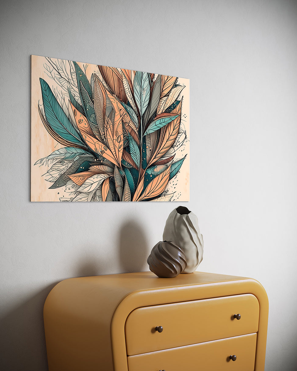 Australian Wall Art Earthy coloured leaves hanging on a wall above a chest of drawers