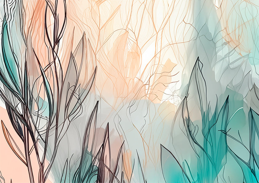 abstract wall art with leaves and lines and limited colours, Australian wall art.