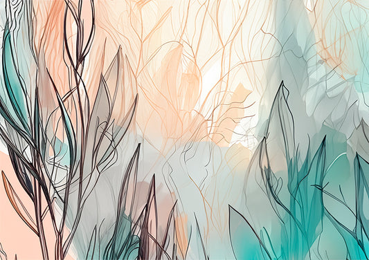 abstract wall art with leaves and lines and limited colours, Australian wall art.