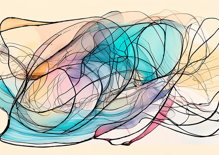 printable wall art Sapphire Stream, an abstract artwork with swirling lines and pastel colours.