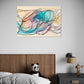 printable wall art Sapphire Stream, an abstract artwork with swirling lines and pastel colours. Wall art hanging in bedroom above bed