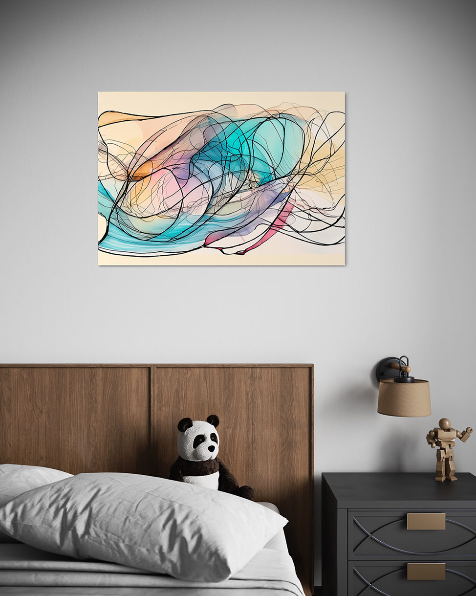 printable wall art Sapphire Stream, an abstract artwork with swirling lines and pastel colours. Wall art hanging in bedroom above bed