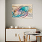 printable wall art Sapphire Stream, an abstract artwork with swirling lines and pastel colours. Wall art print hanging above hutch.