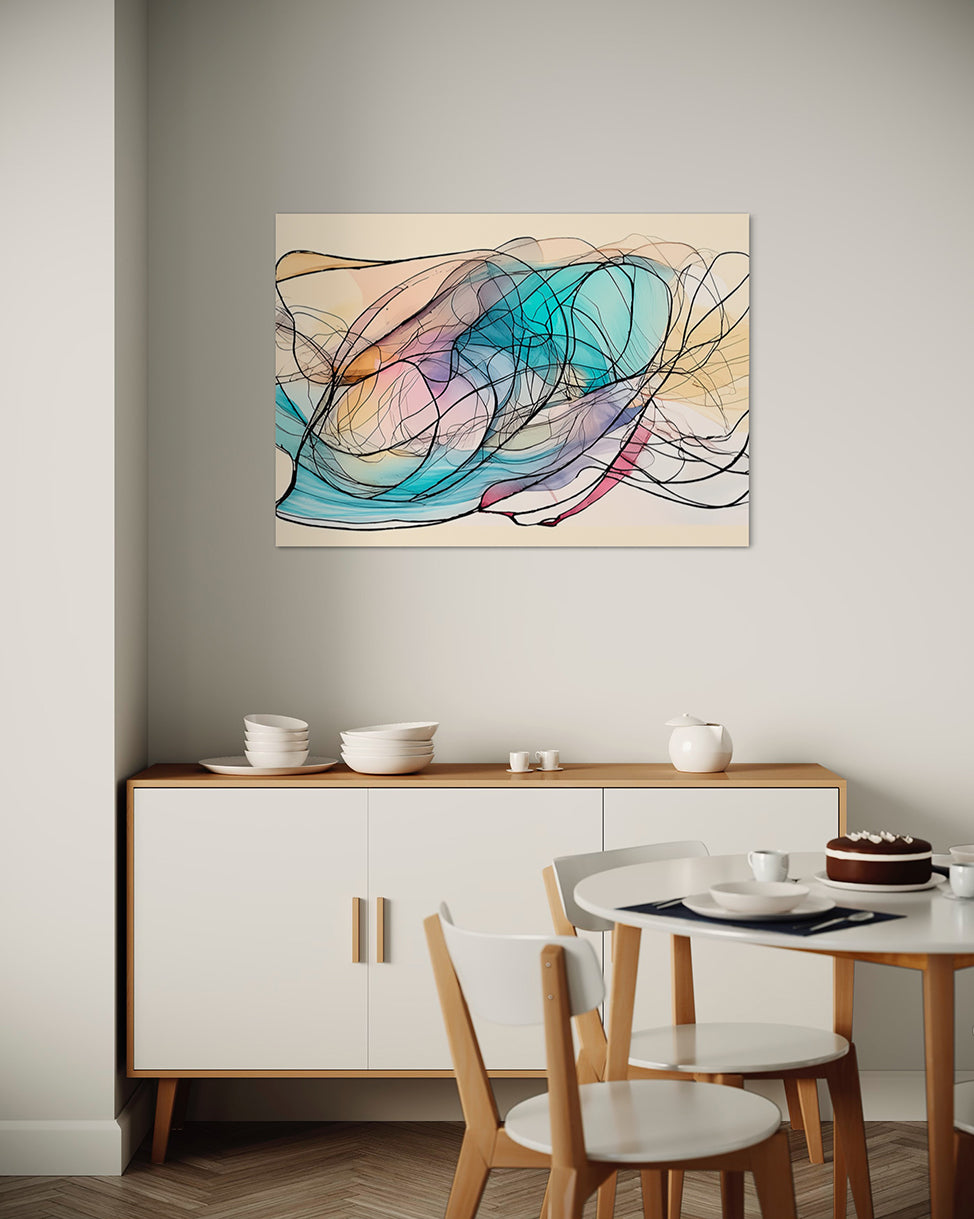 printable wall art Sapphire Stream, an abstract artwork with swirling lines and pastel colours. Wall art print hanging above hutch.
